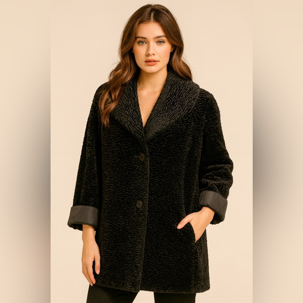 Calvin Klein Black Reversible Faux Fur Swing Coat Sz. L